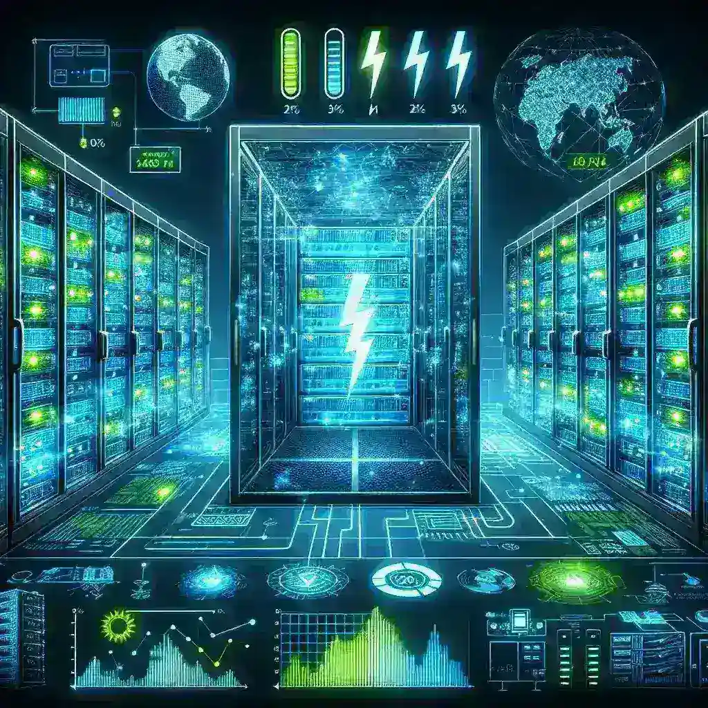 "Data center technicians analyzing energy consumption data charts to strategize for a 20% increase in global electricity demands by 2025."