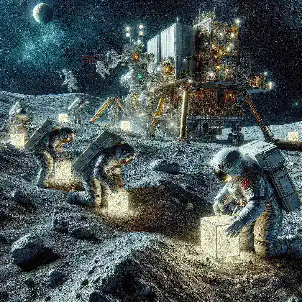 "Robotic lunar mining equipment extracting rare earth elements on the moon's surface for advanced technology manufacturing."