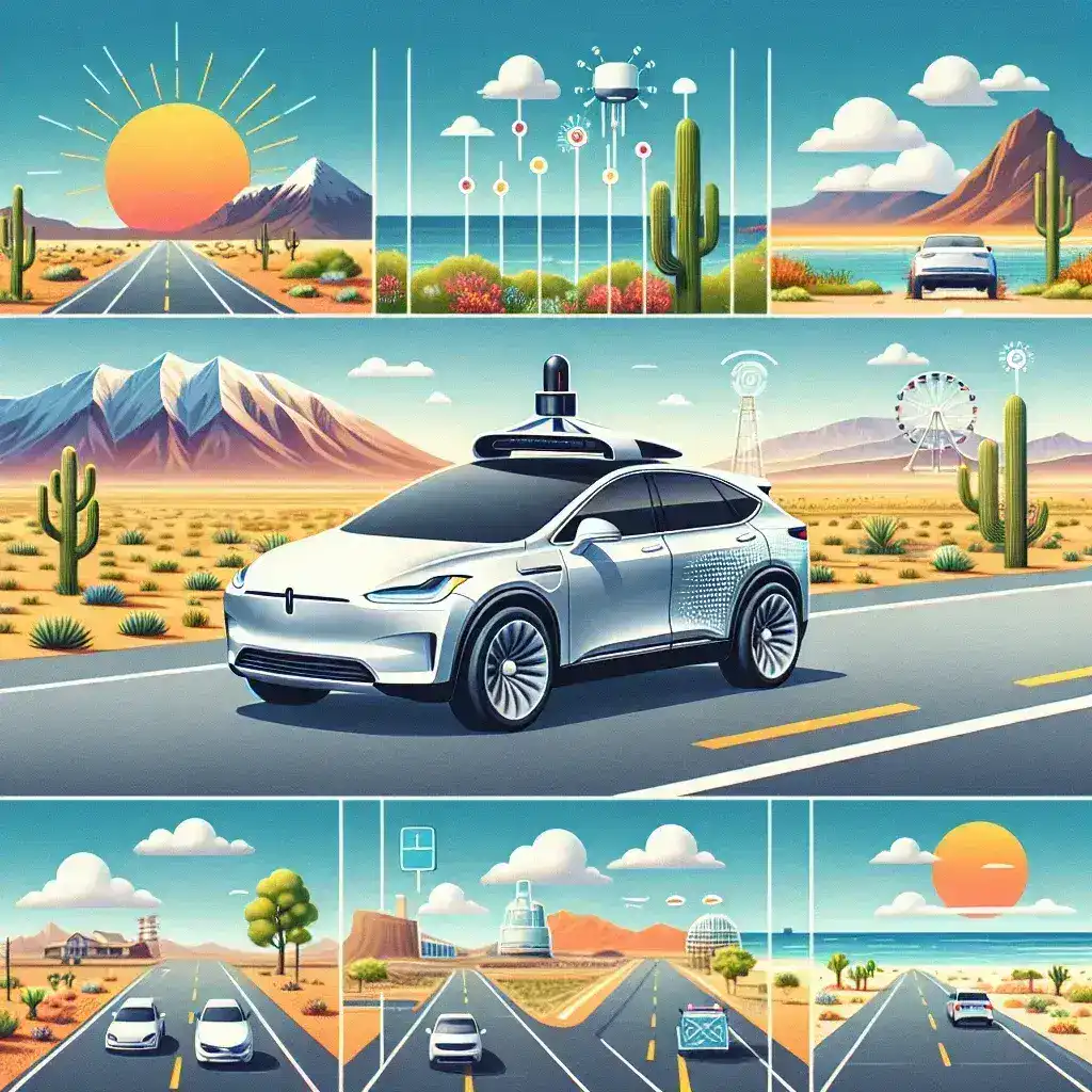 "Waymo self-driving car on a city street, representing the expansion ofWaymo's autonomous ride-hailing services to new states"