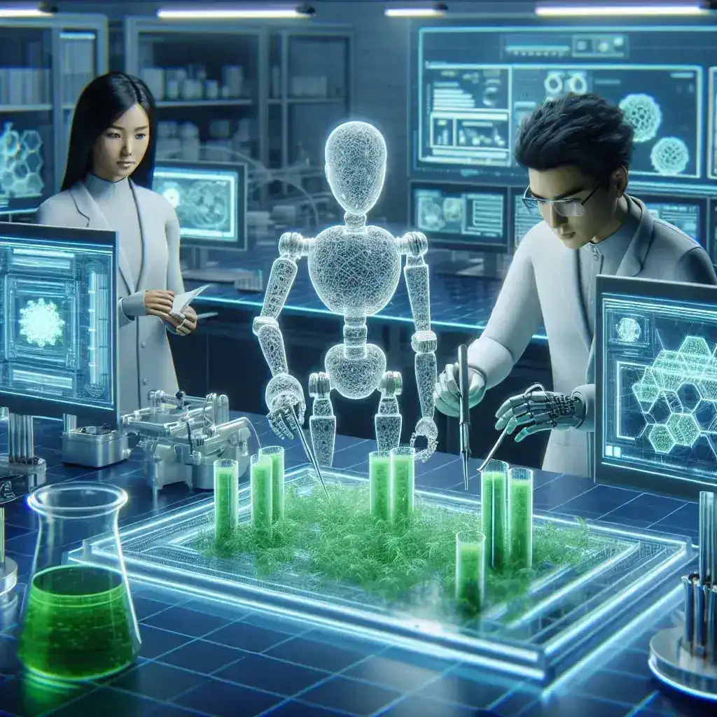 "AI-enhanced lab robots analyzing plant-based materials as sustainable alternatives to plastics in a high-tech research facility."